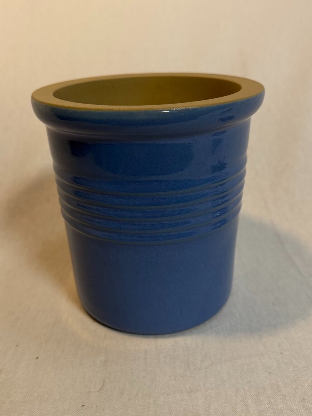 Pampered Chef Family Heritage Stoneware Crock Blue Utensil Holder 6” USA 1313